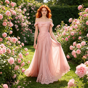 Elegante Vestido de Noche Formal Rosa Palo con Hombros Descubiertos, Falda de Tul Fruncida con Cola de Encaje, Largo hasta el Suelo, para Gala, Personalizable para Mujer - Product Image 6