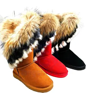 Popular waterproof Real Fur winter boots real raccoon fur trim fluffy shoes cow leather Women's fur long snow boots