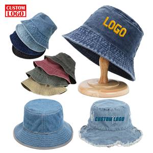 Vintage Denim Wide Brim Jeans Patchwork Bucket <b>Hat</b> Child Distressed Women Men Bucket <b>Hat</b> Custom Logo Embossed Denim Bucket <b>Hat</b> - Product Image 1