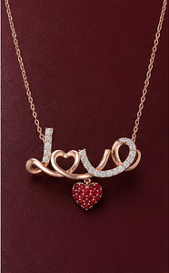 925 Sterling Silver Rose Gold Plated LOVE <b>Necklace</b> with <b>Ruby</b> Red Heart CZ Pendant Romantic Women's Fine Jewelry - Product Image 5