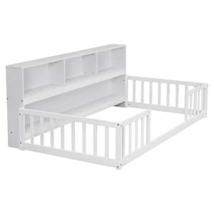 Cama de suelo doble DB con estantes de estantería blanca y barandillas, muebles con funda - Product Image 4