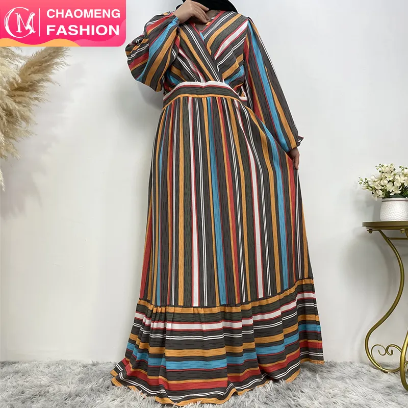 6333# Fashion candy color multi colors striped v neck women dress elasticated cuff maxi dresses abaya
