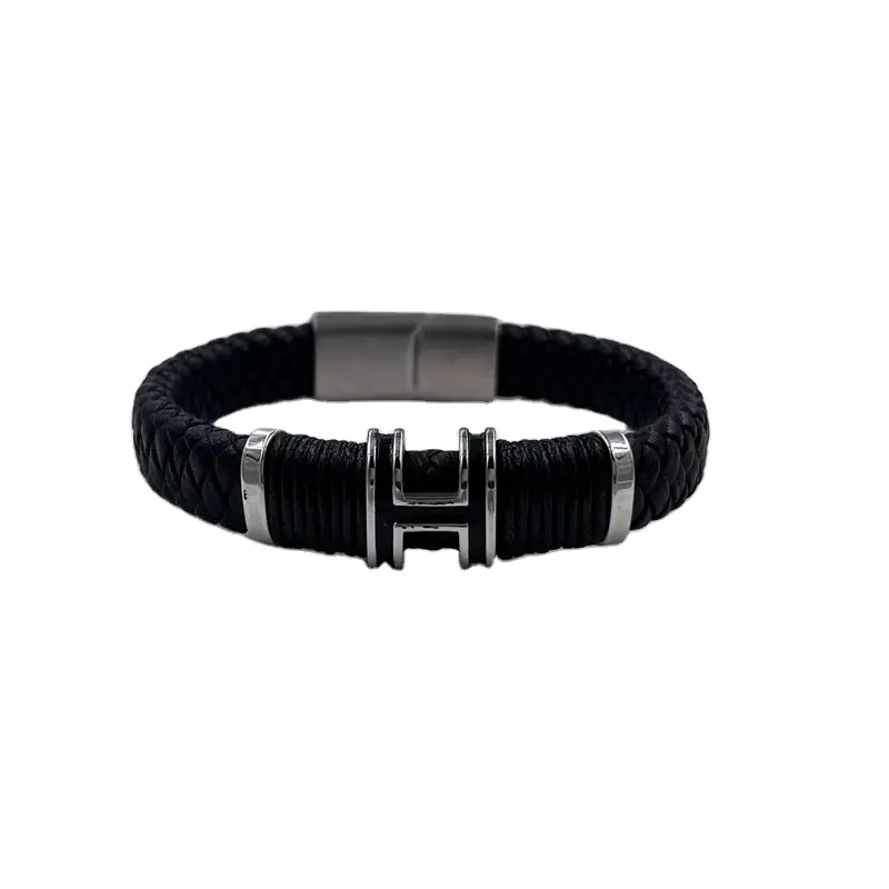 Bracelet classique en cuir tressé large noir pour homme, bracelet lettre H initiale en acier inoxydable argenté pour la fête