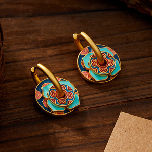 Chinese Retro Style Enamel Drop Earrings Flower Shape Ethnic Design Copper <b>Post</b> EA12936 - Product Image 4
