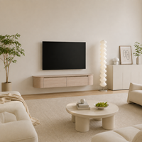 Meuble TV mural flottant avec extrémités incurvées et bords arrondis, placage bois, console multimédia minimaliste avec deux tiroirs