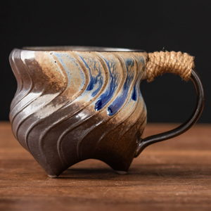 Tazza in Ceramica Creativa a 3 Gambe con Texture a Spirale, Tazza da Tè in Ceramica con Smalto Reattivo e Manico a Corda per <span class=keywords><strong>Caffè</strong></span> e Tè - Product Image 4