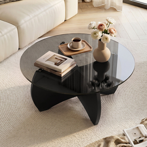 Mesa de Centro Redonda de Vidrio Templado con Base de Madera Sólida, Diseño Moderno, Fácil de Limpiar y Resistente para Muebles de Sala - Product Image 1