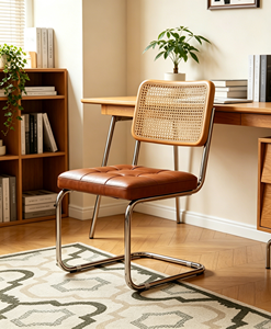 Midcentury Modern Leather <b>Chair</b> With Cane <b>Back</b> Metal Legs Tufted Seat Living Room Furniture - Product Image 4