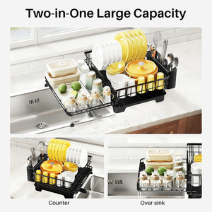 ชั้นวางจานแบบปรับขยายได้พร้อมถาดทรงสี่เหลี่ยมสำหรับจัดเก็บบนเคาน์เตอร์ครัว - Product Image 4