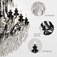 Lustre en cristal transparent K9 de style européen américain, grand corps noir, 48 lumières, verre, métal, pour villa, hôtel, hall d'entrée