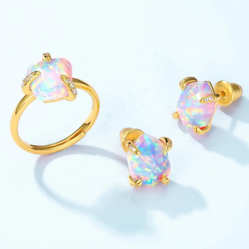 Silver 925 Gemstone Jewelry October Birthstone Created Opal Rings Irregular Fire Synthetic Opal Cubic Zirconia Ring