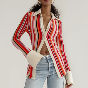 เสื้อเชิ้ตผู้หญิงลายทางติดกระดุมแขนยาวเสื้อเชิ้ตลำลองสำหรับใส่ในชีวิตประจำวันผ้าป๊อปลิน FD9619 - Product Image 3