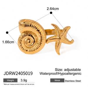 Anillo Abierto de Acero Inoxidable con Baño de Oro de 18k, Diseño de Estrella de Mar y Concha, Serie Verano Mar, Único, Venta al por Mayor - Product Image 2