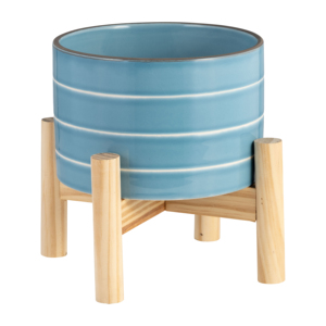 Vaso in ceramica a righe con supporto in legno, fioriera colorata per decorazioni domestiche, ingresso, patio, tavolo, giardino - Product Image 1