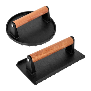Prensa para Hamburguesas Antiadherente, Prensa para Carne, <span class=keywords><strong>Plancha</strong></span> de Hierro Fundido Resistente, Prensa para Hamburguesas con Mango de Madera - Product Image 1