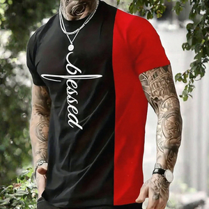 Camiseta de Hombre con Estampado Cursivo 'Blessed', Cuello Redondo, Manga Corta, Estilo Jersey, Casual, Verano - Product Image 2