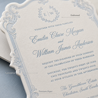 Ensemble d'invitations de mariage personnalisées vintage bleu crème, élégant, avec monogramme, enveloppe lignée et cartes RSVP et de détails assorties