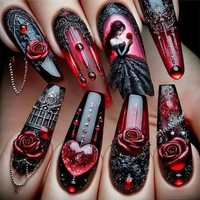 Kuku Palsu Hari Valentine dengan Desain Hati Mawar Romantis, 24Pcs Kuku Palsu Mewah Buatan Tangan Tipis Panjang & Perlengkapan Alat Gratis
