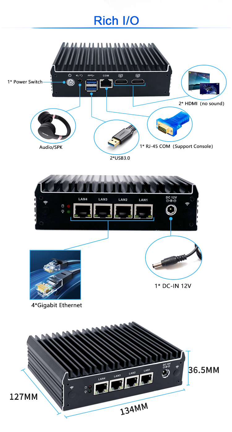 Cele-ron J3160 Mini PC 4 LAN Ports Pfsense Firewall Hardware DDR3