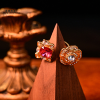 Cincin Bunga Kristal Pink Tembaga Lapis Emas 18K Perhiasan Kaca K9 Cincin Terbuka untuk Wanita Hadiah Pesta