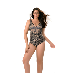 Costume da bagno intero HDJ Plus Size con stampa leopardata, scollo a V profondo, vita alta e controllo pancia, da donna BZ77112 - Product Image 1