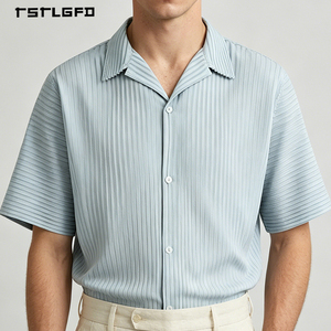 Men Ice Blue Plissé Textured Short Sleeve Shirt Cuban Collar Boxy Fit Vertical Pleated Old Money Luxury Resort Summer Beach <b>Top</b> - Product Image 5