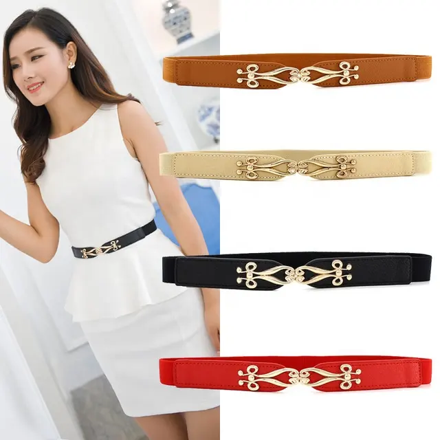 Vintage Gold Buckle Women Belts Elastic Ladies Fashion Thin Belts for Dress Waistband