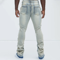 XJYD Vêtements Homme Personnalisés Jeans Évasés Détruits Style Vintage Délavé Hip Hop Jean Laser Bleu Clair Superposé