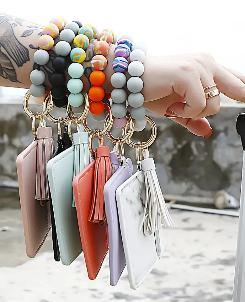 Colorful Silicone Beaded Wristlet Keyring Pu Leather Tassel Bangle Keychain Pocket Credit Card Holder Wallet Key Ring For Women