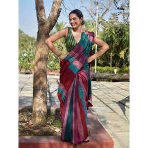 Sarees de Algodón Khadi de la Mejor Calidad con Bordado de Barra de Color y Borlas (Con Blusa), para Oficina/Uso Diario y Fiestas - Product Image 4