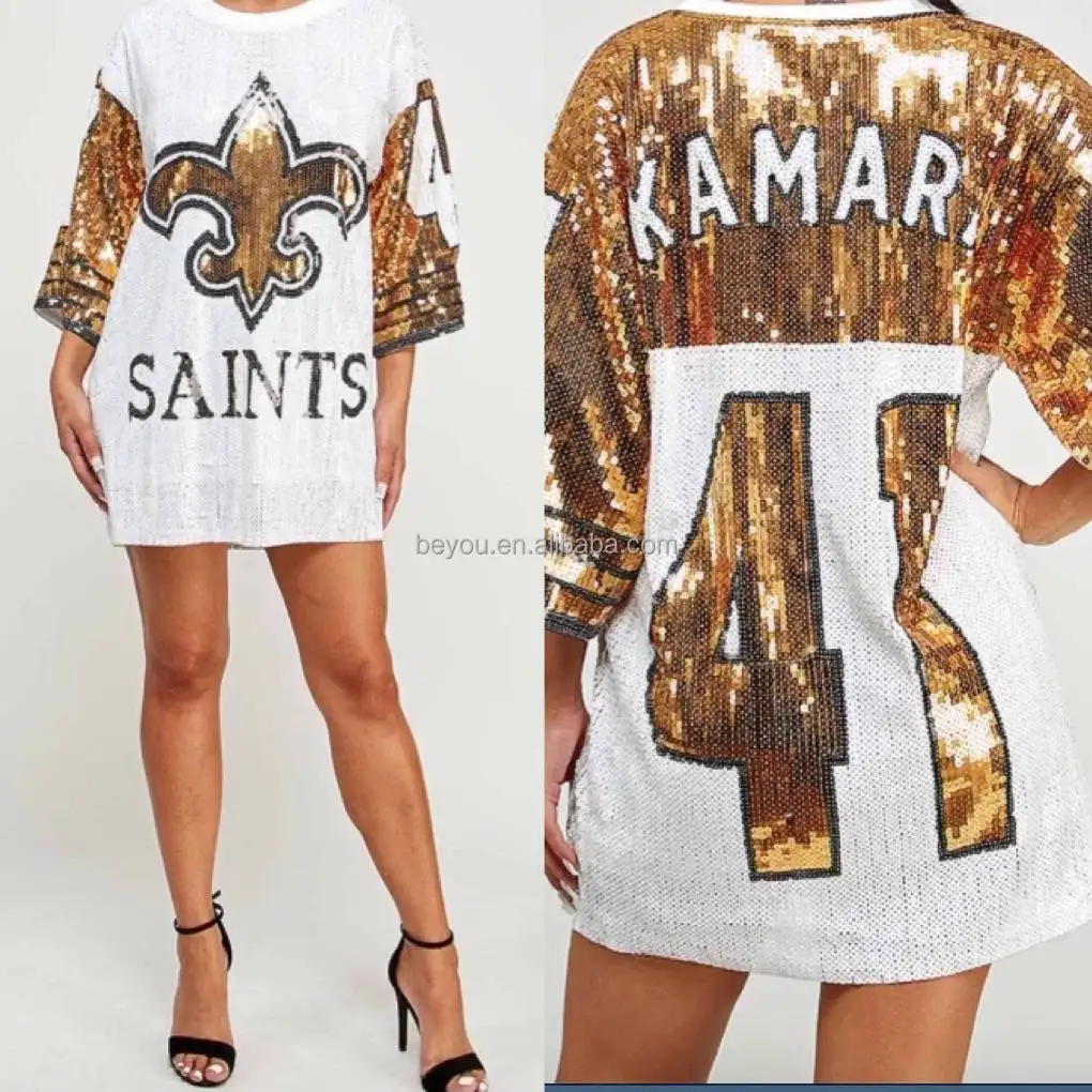 White Gold Inspired SAINTS Sequin Jersey Women Party T shirt Sequin Top Jersey Women Number 41 KAMARA Sequin Clothes Dresses