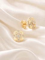 Boucles d'oreilles clous FJ Fallon en laiton plaqué or 14K, motif floral filigrané vintage, zircon cubique, couleur longue durée, vente en gros personnalisée, directement de l'usine