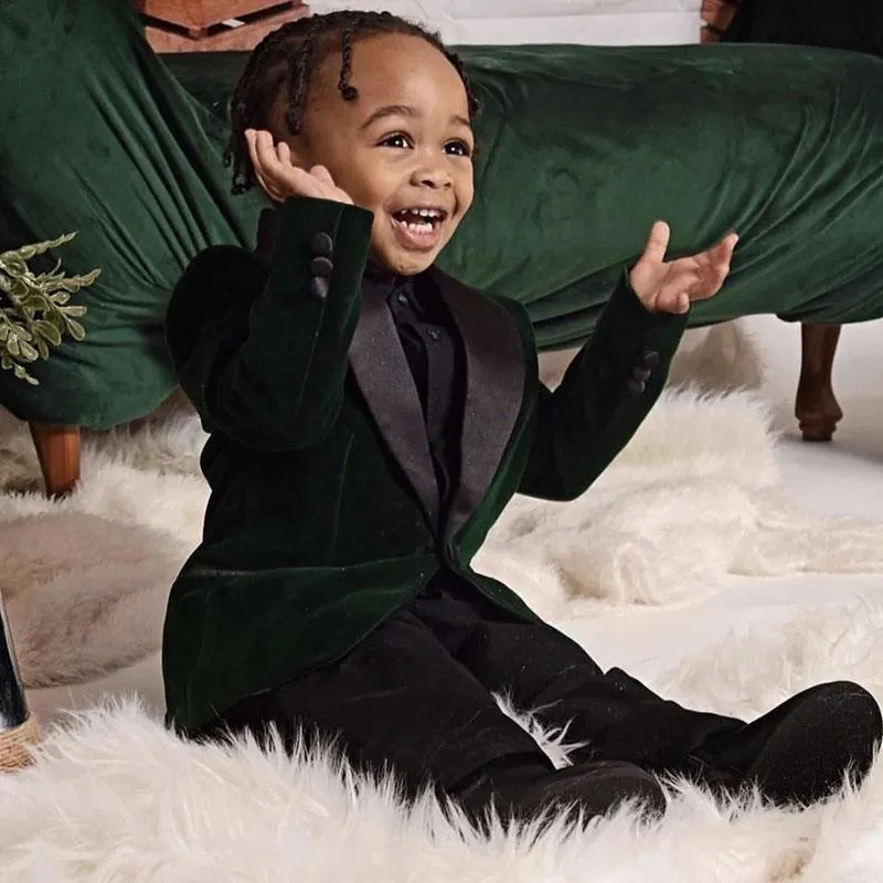 Kids 1 Year Birthday Dress Baby Boys Green Velvet Blazer Jacket Pants Photograph Suit Children Wedding Performance Party Wear