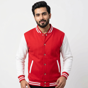Red and <b>White</b> Varsity <b>Jacket</b> <b>Men</b> College Baseball Bomber Custom Logo Cotton Fleece Letterman Streetwear Coat - Product Image 1
