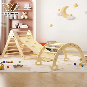 Piklers de madera Montessori para niños pequeños, conjunto triangular de escalada con rampa y mecedora, gimnasio Montessori