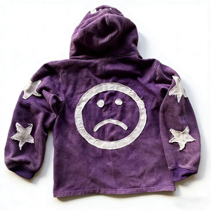 Sweat à capuche zippé en coton délavé <span class=keywords><strong>vintage</strong></span> pour <span class=keywords><strong>homme</strong></span>, avec patchwork étoiles et lettres vieillis, style streetwear, personnalisable - Product Image 2