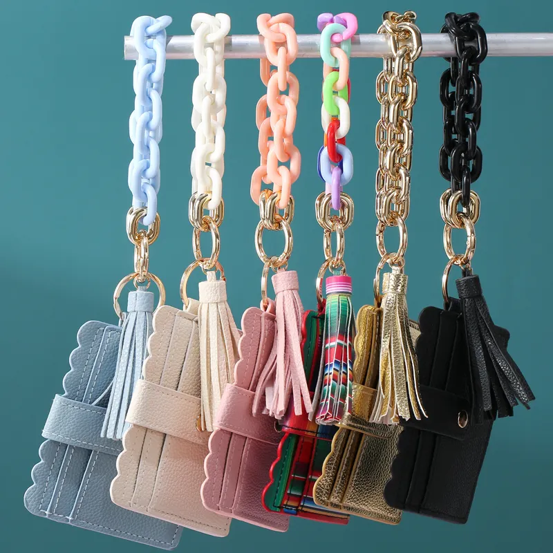 Chunky Chain Link Wristlet Keychain Bracelet Wallet for Women Acrylic Bangle Car Key Rings with Tassel Bangle Card Holder