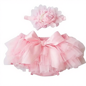 Falda Tutú <span class=keywords><strong>Rosa</strong></span> para Bebé Niña con Cubrepañal y 2 Diademas - Tutú Suave y Esponjoso con Cintura Elástica 50% Tul Algodón para Bebés con Lazo y Volantes - Product Image 1