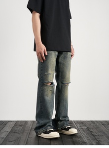 Marchio personalizzato Drop Ship Stock Street Wear Stock produttore di <span class=keywords><strong>Jeans</strong></span> larghi da <span class=keywords><strong>uomo</strong></span> <span class=keywords><strong>blu</strong></span> verniciato in <span class=keywords><strong>Jeans</strong></span> svasati impilati - Product Image 3