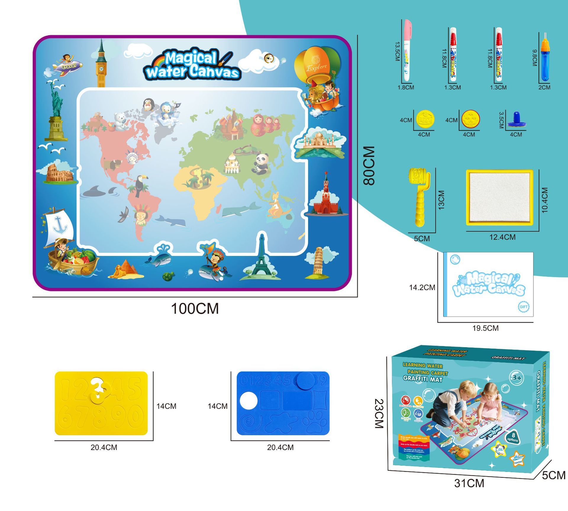 Ensemble thématique carte 10080 cm - 4 grands stylos - 2 tampons à rouleau EVA pour coloriage