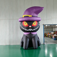 Chapeau de sorcière géant gonflable de chat noir d'Halloween, mascotte avec yeux et crocs maléfiques, pour décoration extérieure de jardin et maison hantée