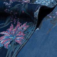 Tissu en jean imprimé Hortensia Lys 100% Lyocell Écologique Léger Décoloré Violet Bleu Motif Floral Couleurs Vives Garçons Filles