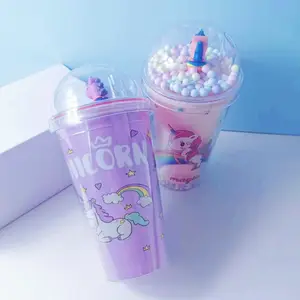 450ml High Quality Double Wall Free Kids Plastic Water Cup Cute Kawaii Unicorn Design Straw Water Bottles