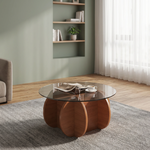 Table basse ronde moderne en bois avec plateau en verre trempé, design mid-century, meubles de salon faits à la main - Product Image 1