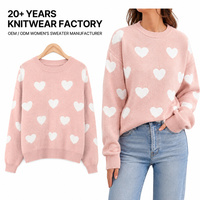 Pull tricoté décontracté à manches longues pour femme, coupe ample, amincissant, motif cœur contrastant, avec logo frontal – Collection Hiver – Grande Vente
