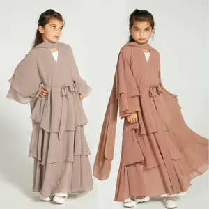 2024 New Arrival Eid Turkey Dubai Elegant Kimono For Women Muslim Dresses Hijab Girl Children's Chiffon 3 Layered Open Kid Abaya