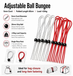 Cuerda Elástica Ajustable con Bola de Agarre de 26 mm y 5 mm de Diámetro para Cierre de Bolsas de Golf y Sujeción en Exteriores - Product Image 3