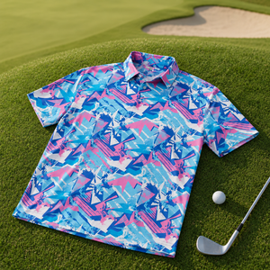 Polo de golf pour homme, bleu et rose, imprimé, manches courtes, motif abstrait, séchage rapide, extensible, respirant, vêtements de sport, en stock - Product Image 1