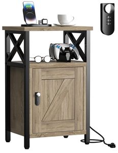 Table de chevet en bois gris avec station de charge 3 USB et 2 prises Table pour le rangement dans le salon Chambre à coucher pour l'organisation des outils - Product Image 1