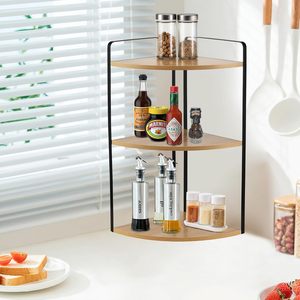 Wooden <b>Corner</b> <b>Shelf</b> 3 Tier With Metal Frame For Kitchen Storage Countertop Organizer Modern Minimalist Design - Product Image 1